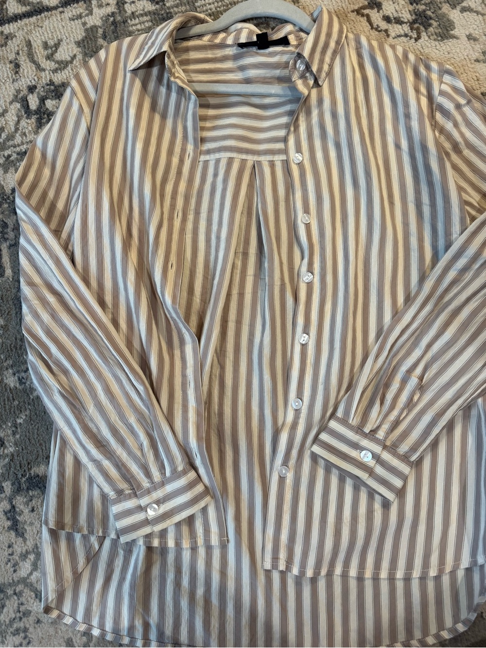 Jane and Delancey Beige and White Striped Button-Down Shirt